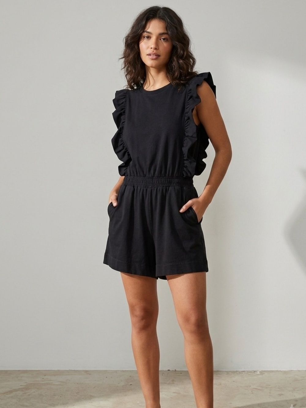Farm Rio Brazil Black Cotton Sleeveless Ruffle Trim Romper, size GG (XL)